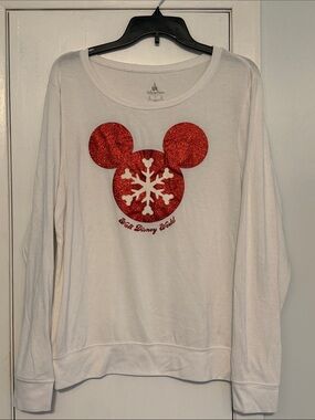 Disney White Tee with Red Glitter Mickey Snowflake Graphic